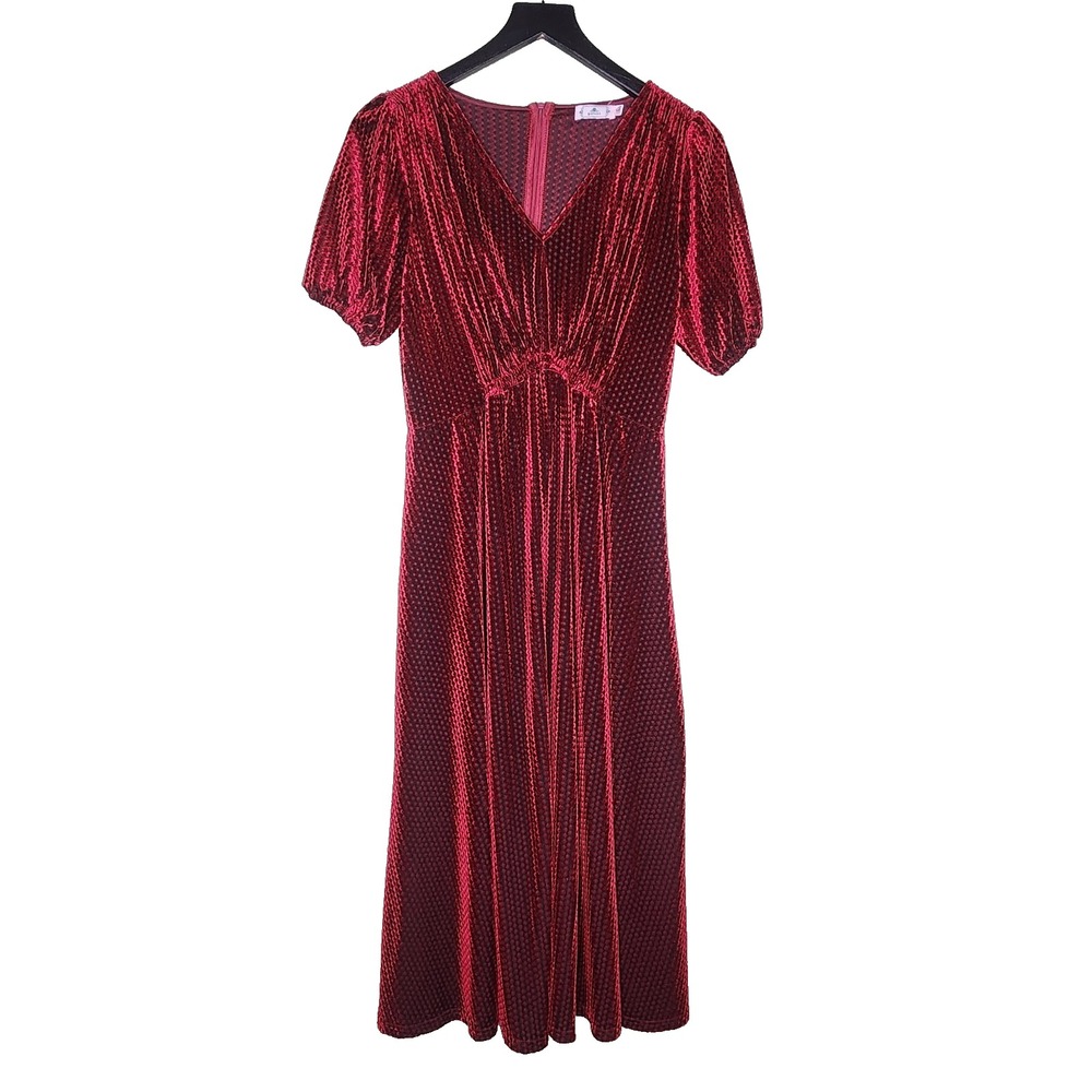 Zapaka Burgundy Velour Dress V-Neck Short Sleeve Stretch Whimsigoth Diamond L